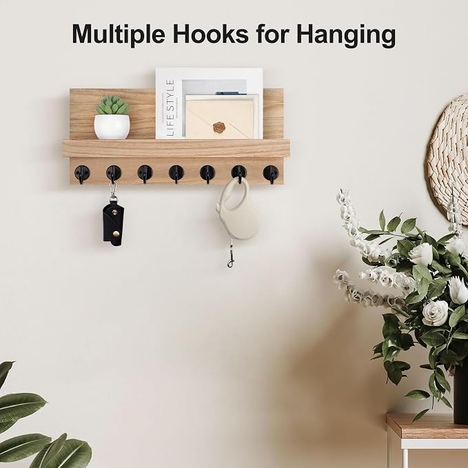 Lwenki Key Holder Wall Mount, Entryway Key and Mail Holder with 7 Sturdy Hooks for Sunglasses, Dog Leash, Decorative Wall Shelf with Mounting Hardware, 15”W x 6.7”H x 4.2”D (Wood)