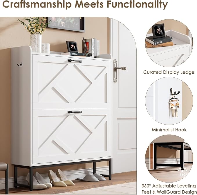 Nicetree Shoe Storage Cabinet with 2 Flip Drawers, Entryway Cabinet, White | Slim Shoe Cabinet with Metal Legs, Narrow Farmhouse Shoe Organizer for Entryway, Foyer, Hallway, Wood Shoe Rack with Hook