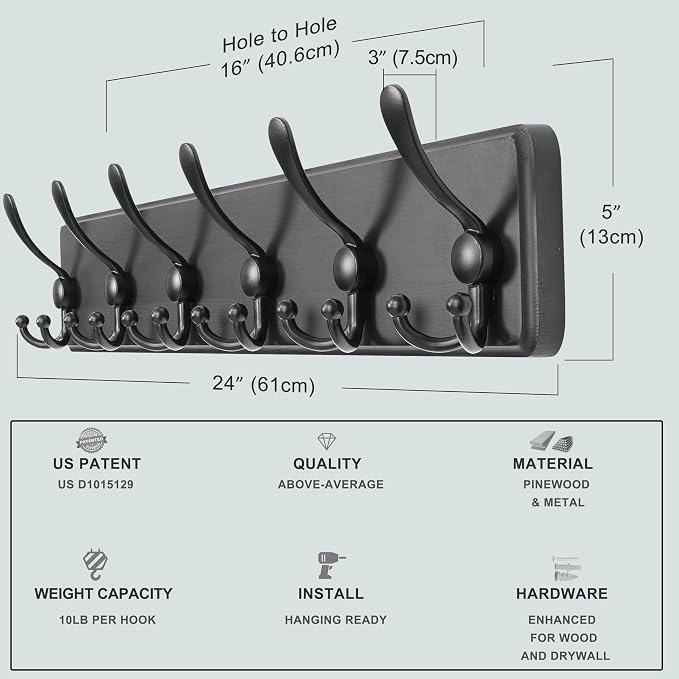 Coat Rack Wall Mounted - 24" Long 6 Tri Hooks, Heavy Duty Wooden Wall Coat Hanger Coat Hook for Clothes Hat Jacket Clothing, Black