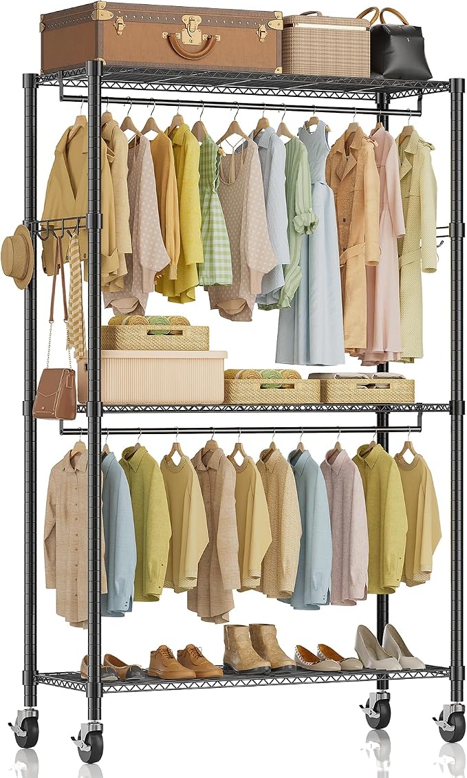 Simple Deluxe Rolling Clothes Rack, Heavy Duty Clothing Rack, 3-Shelf Portable Adjustable Wardrobe Closet with Wheels, Hanging Rods & Side Hooks, 43.3" W x 17.7" D x 80.3" H, Black