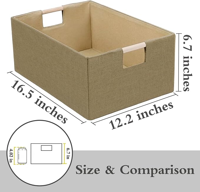 Foldable Fabric Storage Cubes, 2 Packs Cloth Storage Baskets with Wooden Handles, Collapsible Shelf Closet Organizer Bins, Rectangular Storage Boxes for Decor (Coffee Color 2 Pack)