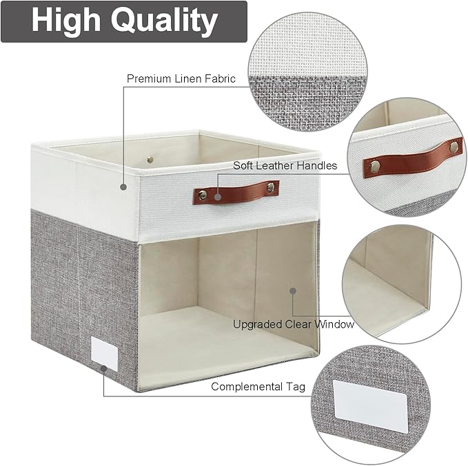Storage Cubes, 4 Pack Linen Foldable Storage Bins with Clear Window and 2 Handles, 13x15x13 Storage Cube Bins for Shelf Closet, Kallax, Clothes, Books - (Gray / Off-White)