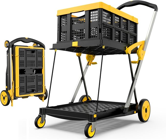TOLRET Shopping Cart with Wheels, 200 lbs Capacity Grocery Cart on Wheels | Collapsible Shopping Cart with Storage Crate, Platform Hand Truck with Foot Brake, Yellow