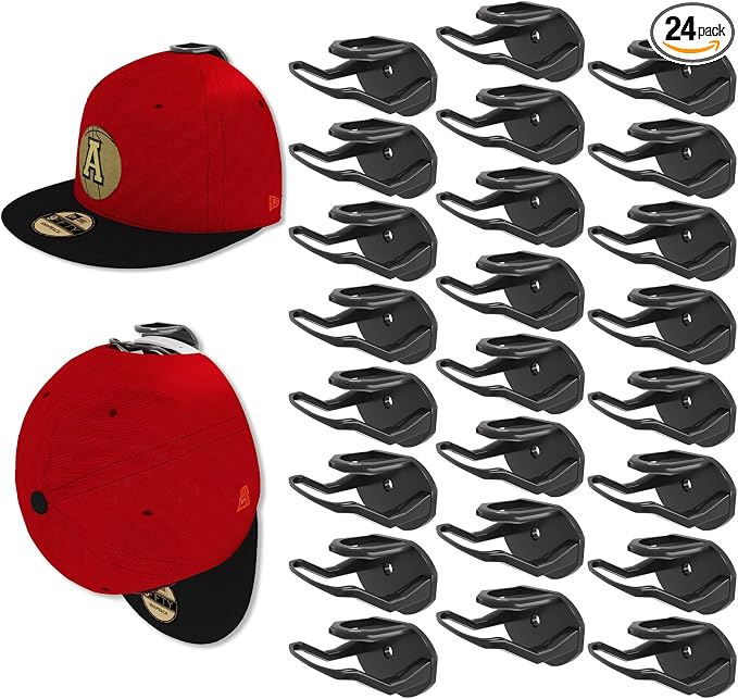 Niunuerga 24 Pack Hat Hooks for Wall, Strong Adhesive Hat Rack for Baseball Caps, Minimalist Hat Organizer Display for Home Decor, Hat Hold Hanger for Wall, Door, Closet, No Drilling (Black)