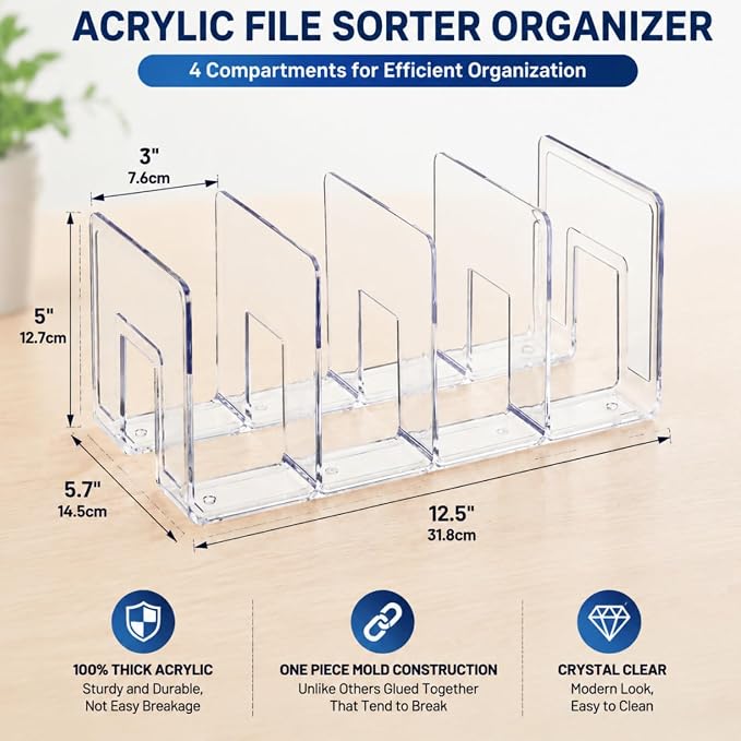Lawei 4 Pack Acrylic File Sorter, 4-Section Clear Desktop File Folder Holder Organizer, Thick Office Storage Stand Rack for Book, Envelopes, Mail, Document, Notebook, Binder, Purse, Clutch Divider