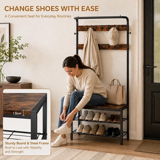 Simple Deluxe 4-in-1 Hall Tree with Bench and Shoe Storage, Entryway Coat Rack with 10 Hooks, Freestanding Mudroom Organizer with 2-Tier Shoe Rack for Entryway Bedroom Foyer, Brown