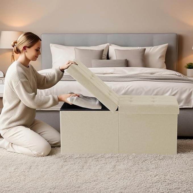 30.5-INCH Storage Ottoman Bench, Footrest with Storage, End of Bed Bench Coffee Table for Living Room, Bedroom, Entryway, Beige