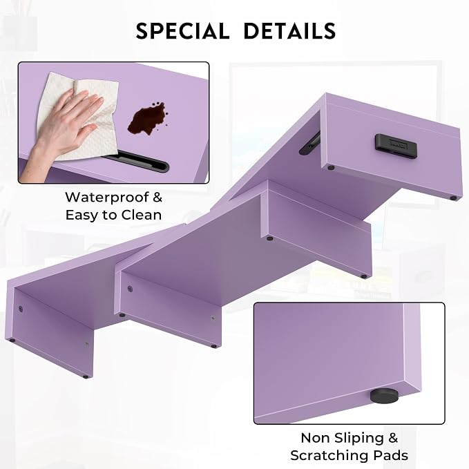 BONTEC Dual Monitor Stand Riser, Adjustable Length & Swivel Angle, Purple | Ergonomic Wooden Desktop Organizer with Smartphone Holder, Computer Monitor Stand for PC, Laptop, Printer and Large Storage