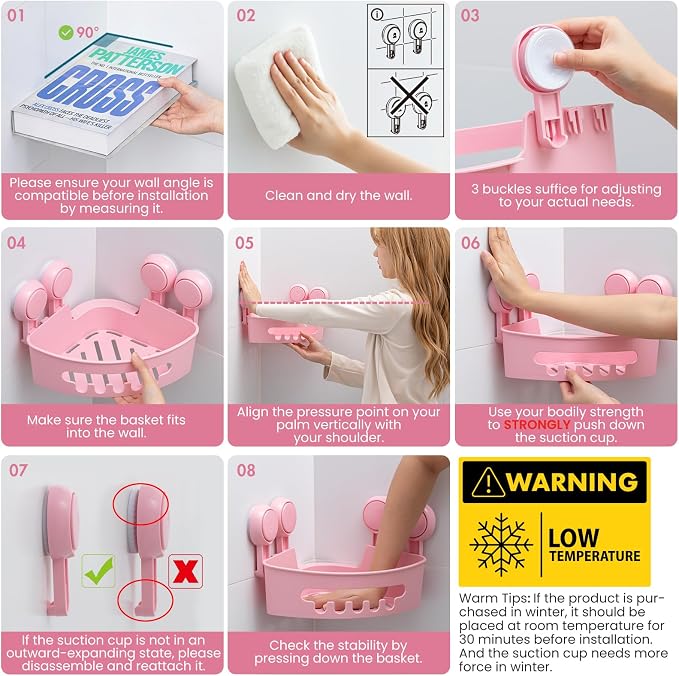 TAILI Suction Corner Shower Caddy, Bathroom Shelf Storage Basket | 2 Pack, Wall Mounted Organizer for Shampoo, Plastic Rack for Kitchen and Bathroom, Drill-Free Removable-PINK