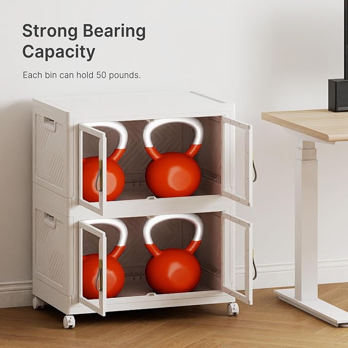 Stackable Storage Bins with Lids, 240QT Extra Large Storage Cabinet | Clear Doors, Foldable Storage Drawers, Heavy Duty, Collapsible Closet Organizers for Bedroom Office (2, White, 120, Quarts)