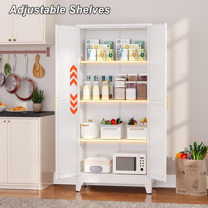Winiowa Metal Pantry Cabinet with 2 Doors and Adjustable Shelves - 61" Kitchen Storage Cabinet with Gold Handles - Versatile Storage for Kitchen, Bathroom, Dining Room, Utility Room - White