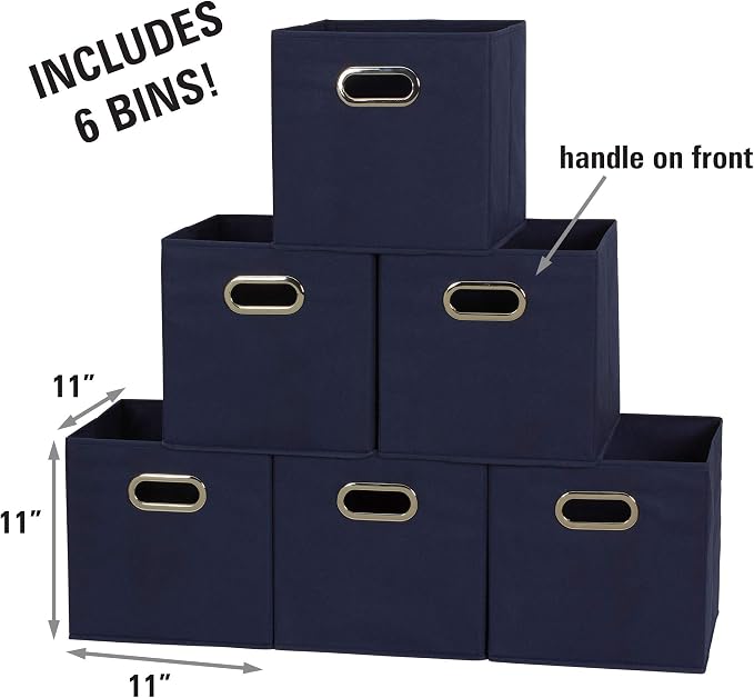 Household Essentials Fabric Storage Bins 6 Piece Set, Strong Poly-Woven Fabric, Sturdy Chipboard Sides, Grommet Front Handle, Stackable and Foldable, Classic Design, Navy