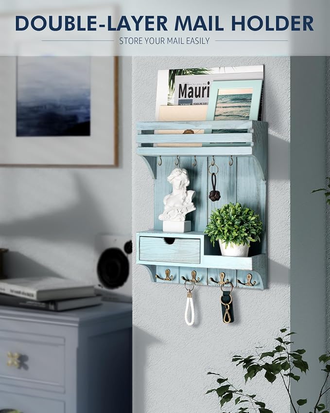 Rebee Vision Key Holder Wall Mount with Drawer & Shelf for Entryway, Blue | Sturdy Wood, Key Holder for Wall, 9 Sturdy Hooks, Floating Shelf, Plant Display, Drawer Organizer, Mail Sorter, Home Decor