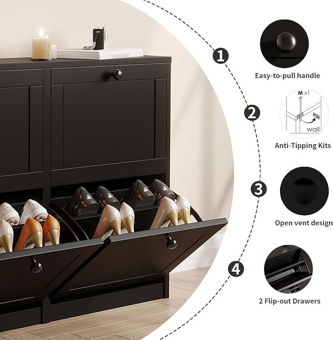 VOWNER Shoe Cabinet with 4 Flip Drawers, Freestanding Shoe Storage Cabinet with Adjustable Shelf & Anti-Tipping Device, Shoe Rack for Entryway, Hallway, Living Room (Black)