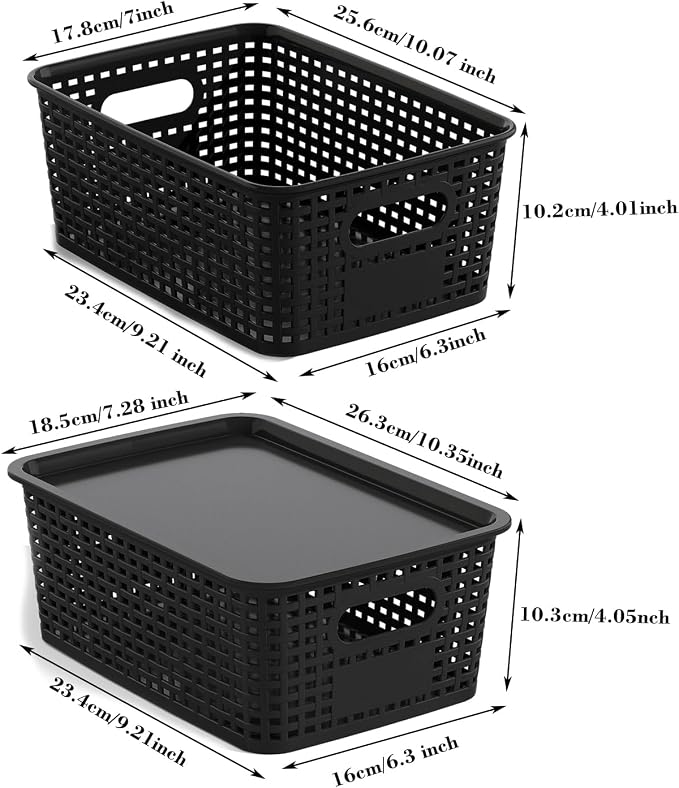 ORGIDOL Plastic Storage Basket with Lids 10 Pack Stackable Black Storage Bins Containers with Lid, Decorative Storage Boxes for Organizing Shelves, Drawers, Playroom, Classroom, Office, Closet