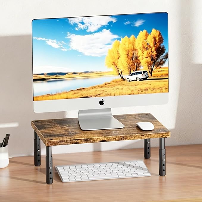 ECOLOVI Adjustable Wood Computer Monitor Stand Riser for Desk, Office Desk Organizer and Accessories for Monitor, Laptop, PC, Printer, Office Desk Accessories Workspace Organizer for Home Office Supplies, Brown 2-Pack