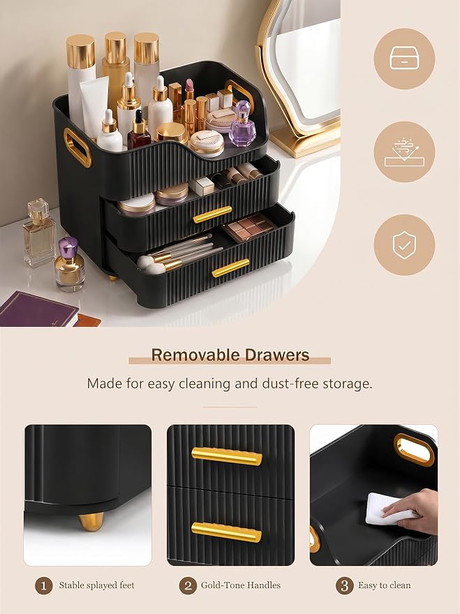 Booklov Large Makeup Organizer for Vanity, Bathroom Countertop, Black | Plastic Cosmetic Display Case with Drawers, Beauty Brush Holder for Dresser Counter Skincare Eyeshadow Lipstick Storage