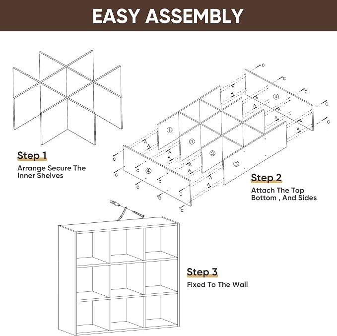 9-Cube Bookcase Storage Shelf Organizer,DIY Display Cube Shelf w/5 Removable Back Panels for Bedroom, Living Room, Home,Office,Study,Brown