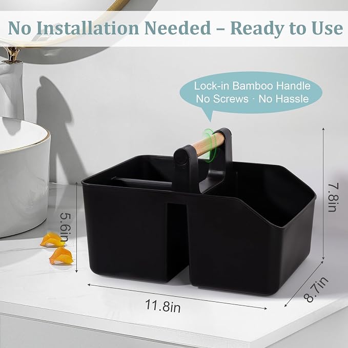 rejomiik Plastic Shower Caddy, Portable Basket with Bamboo Handle, Black | Cleaning Caddy Organizer Tote for Bathroom, College Dorm Essentials, Bath Toy Storage, Cleaning Supplies