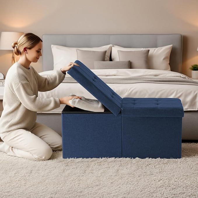 30-INCH Ottoman with Storage, Footrest Storage Bench, End of Bed Bench Coffee Table for Living Room, Bedroom, Entryway (Blue)
