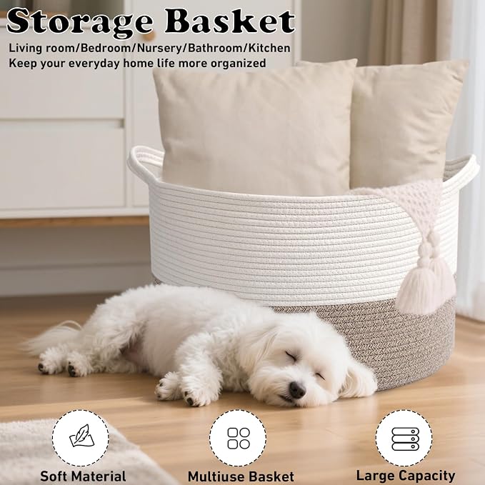 90L Woven Blanket Basket,Extra Large Laundry Basket-White & Brown | Collapsible Nursery Storage Bin with Sturdy Handles, Organizes Clothes, Toys and Pillows for Living Room, Bedroom, Bathroom