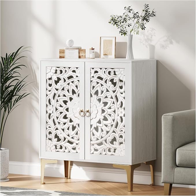 JOINICE 31.5" White Accent Cabinet with Carved Doors & Storage, Set of 2 | Carved Floral Design, Boho, Versatile Storage for Living Room & Bedroom & Hallway & TV Stand, Adjustable Shelf, Easy Assembly