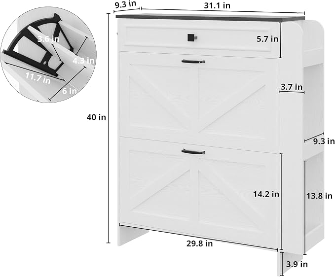 IRONCK Shoe Storage Cabinet with 2 Flip Drawers & Barn Door, White/Black | Freestanding Shoe Cabinet Organizer with Drawer and Shelves for Entryway, Farmhouse Shoe Rack Cabinet