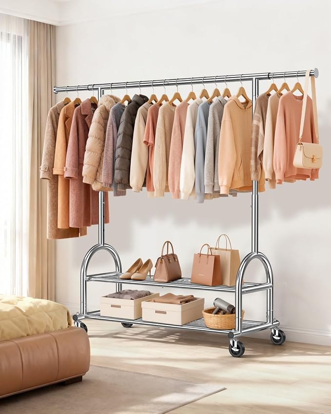 EAGMAK Heavy Duty Clothes Rack for Hanging Clothes Load 556 LBS, Height Adjustable Rolling Clothing Racks, Portable Metal Coat Rack Garment Wardrobe with Wheels and Shelves for Bedroom Laundry, Silver