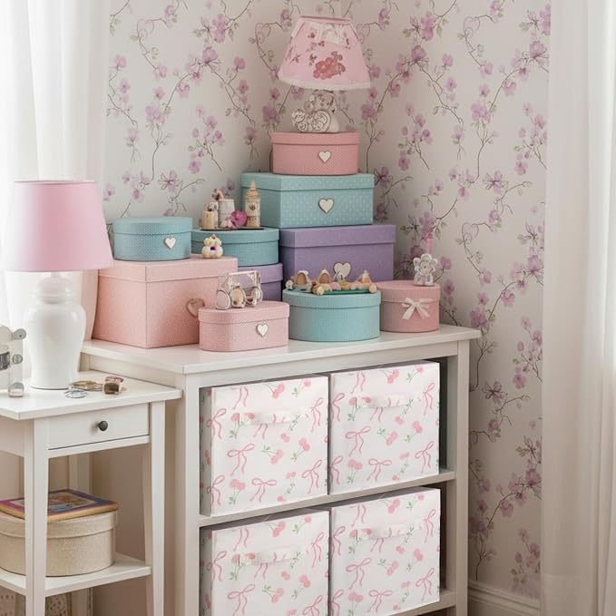 6 Pcs Pink Bow Cherry Cube Storage Bins 11 Inch Storage Basket with Handle, Preppy Girls Organizer Basket, Collapsible Fabric Box for Classroom Bedrooms Office Home Decoration Gift
