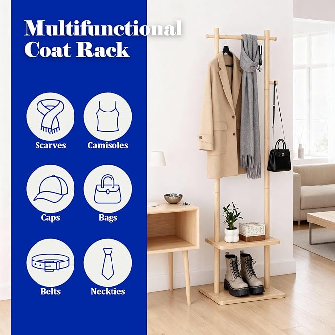 Wooden Coat Rack Freestanding,Hall Tree with Sturdy Base,Clothing Rack for Hanging Clothes,Small Clothes Rack with 3 Storage Shelves,Space Saving for Entryway, Hallway, Bedroom (Natural)
