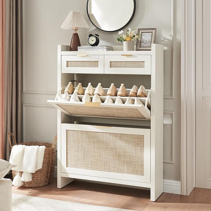 HOKYHOKY Rattan Shoe Storage Cabinet with 2 Drawers & 2 Flip Drawers | Hidden Slim Shoe Organizer, Farmhouse Boho Narrow Shoe Rack, Large Tabletop Space, Entryway, Rustic White