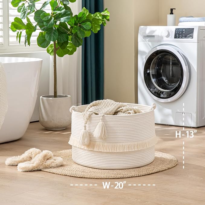 KAKAMAY Large Blanket Basket (20"x13"),Woven Baskets for storage Baby Laundry Hamper, Cotton Rope Blanket Basket for Living Room, Laundry, Nursery, Pillows, Baby Toy chest (White) | Extra Large Capacity | Natural Cotton Rope | Blanket Storage | Woven S...