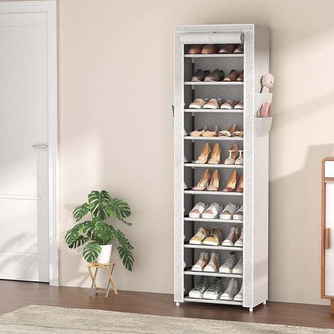 VTRIN Vertical Narrow Shoe Rack Organizer Tall Shoe Rack for Closet Entryway 10 Tier Non-Woven Cover Shoe Shelf Holds 20-22 Pairs Free Standing Shoe Storage Cabinet with Dustproof Cover, Multi Color