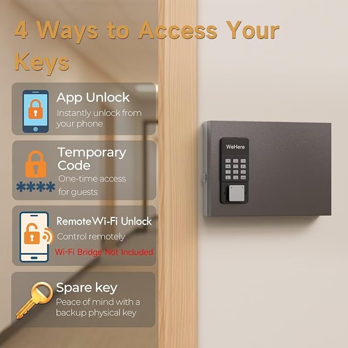 16 Key Lock Box Smart Key Organier Cabinet with Keypad & App for Office | Wall Mounted Lockbox use App, Custom & One Time Password, WiFi (Need W100 Bridge) Unlock for School, Office, Fleet, Hotel