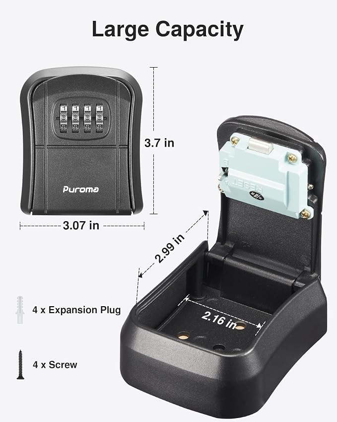 Puroma Key Lock Box Combination Lockbox Wall-Mounted Key Storage Box for House Keys, Resettable Code Safe Security Lock Box for Home, Office, Garage, Apartment Spare Key Storage (1 Pack, Black) | Outside, Portable, Wall Mount, Resettable, Combination, ...