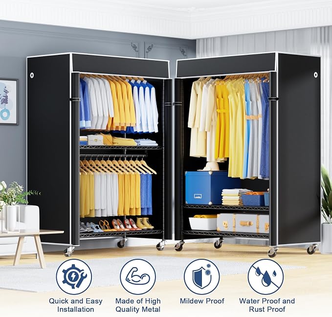ULIFHOME P8C Pro Heavy Duty Clothes Rack（With Extended Width Design） Rolling Clothing Racks for Hanging Clothes with Lockable Wheels，42" W x 15.8" D x 80.5" H，Load 700LBS，Black Rack with Black Cover