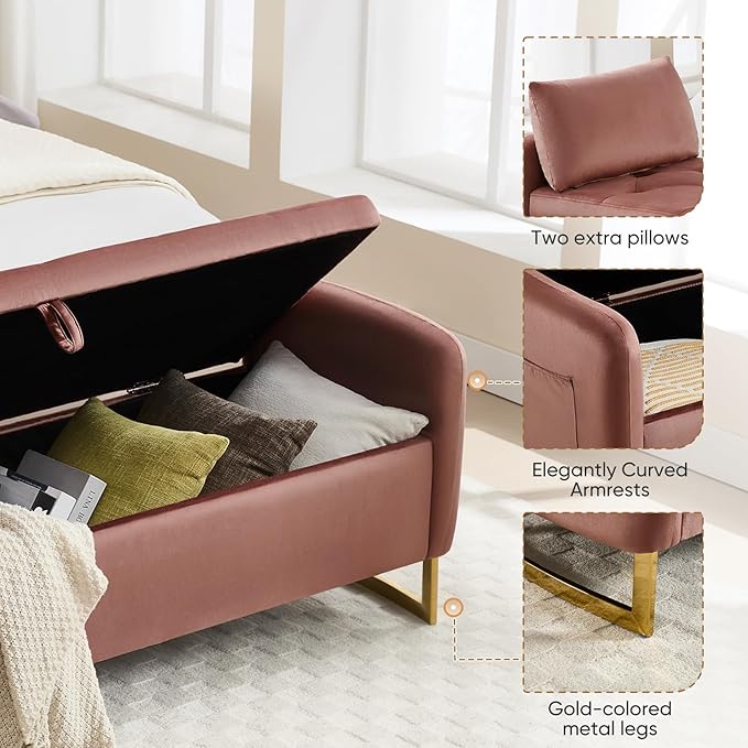 65" End of Bed Storage Bench, Modern Storage Benches for Foot with Tufted Button and Gold Legs, Upholstered Window Ottoman Benches with Armrests, Rose Gold