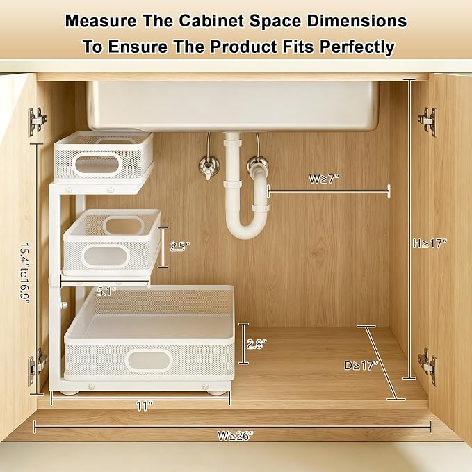 Under Sink Organizer, 3-tier Under Sink Storage Organizer Adjustable Height Easy Assembly Pull Out Cabinet Organizers Basket for Bathroom Kitchen Pantry Home Organization
