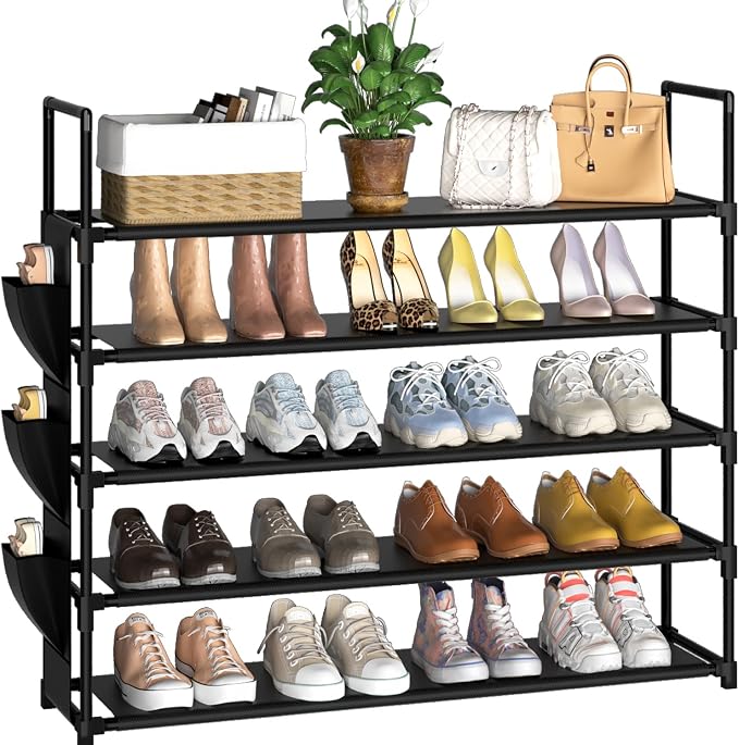 OYREL Shoe Rack 5 Tier 20-25 Storage Capacity Shoes Organizer | Closet, Entryway, Garage, Door Entrance, Space Saving Shoes Holder Stand, Sturdy Metal Free Standing Boot Shelf Tower Black