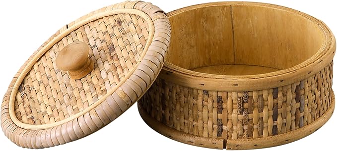 SOFE Small Round Rattan Box with Lid, Decorative Storage Boxes, Rattan Storage Basket for Jewelry, Candies, Snacks, Keys, Desktop Farmhouse Woven Boxes for Decor, 5.7 Inches