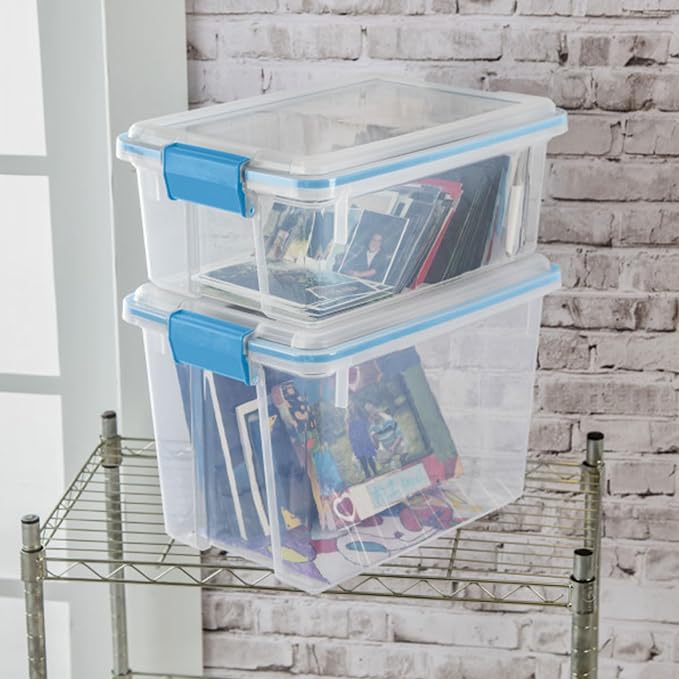 Sterilite Gasket Storage Box with Lids for Home & Office, 12 Quart, 12-Pack | Heavy-Duty, Stackable, and Organizing Containers for Bathroom, Cabinet, Closet, and Garage, Clear and Blue Aquarium Latches