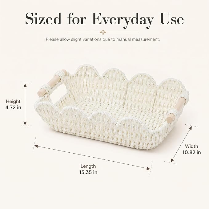 Coeusy Scalloped Basket, Paper Rope Basket for Gifts with Handles, Cute Storage Basket for Display,Decorative,Shelves,Snack,2 Pack, White