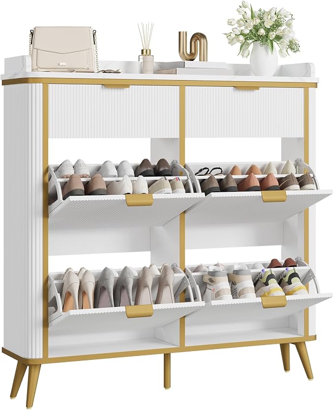 Fluted Shoe Storage Cabinet with 4 Flip Drawers & 2 Drawers, Freestanding Hidden Shoe Organizer with Adjustable Shelves, Wood Narrow Shoe Rack Cabinet for Entryway, Hallway, Foyer, White