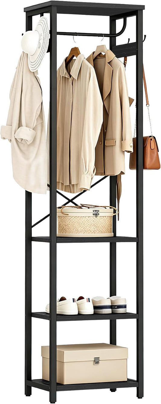 Coat Rack with Hanging Rod, Garment Rack with 3 Wooden Shelves and 4 Hooks, Freestanding Hall Tree, Industrial Clothes Rack Stand Organizer, Black