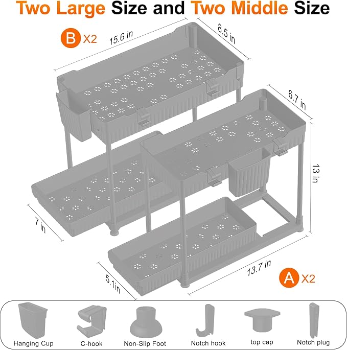 Sevenblue 4-Pack 2-Tier Under Sink Organizer with Pull Out Drawers | Multi-use kitchen & bathroom storage. Includes hanging hooks and cups. Gray, space-saving cabinet design. 12.8 Inch