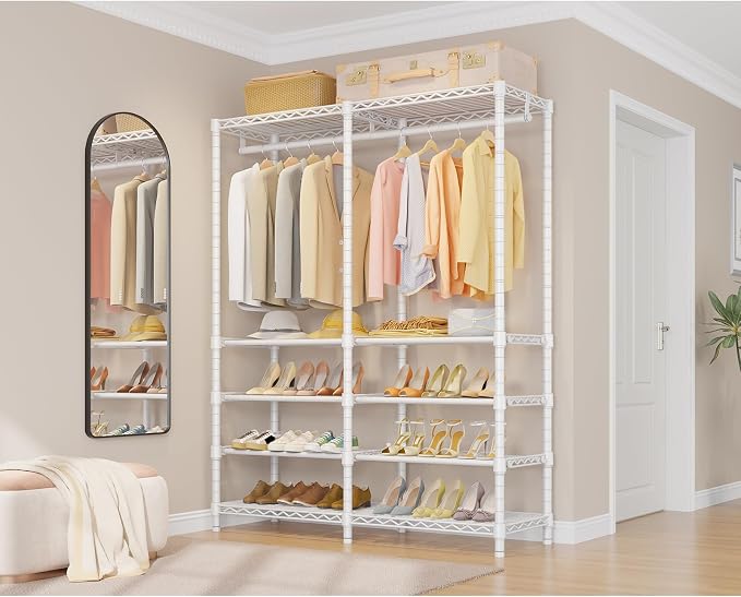 VIPEK S2 8-Tier Shoe Rack with Hanging Rods, Heavy Duty Garment Rack, White | Freestanding Clothing Rack with 2 Hanging Rods, Adjustable Shelves, Heavy Duty Walk-In Closet Organizer for Entryway/Bedroom