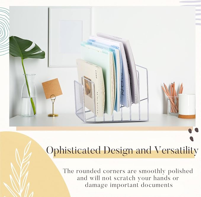 2 Pcs 7 Section Wire File Organizer for Desk, Metal Mesh Incline File Holder, Letter & Magazine Folder Rack, Desktop Paper Sorter for Home Office Back to School (Silver)