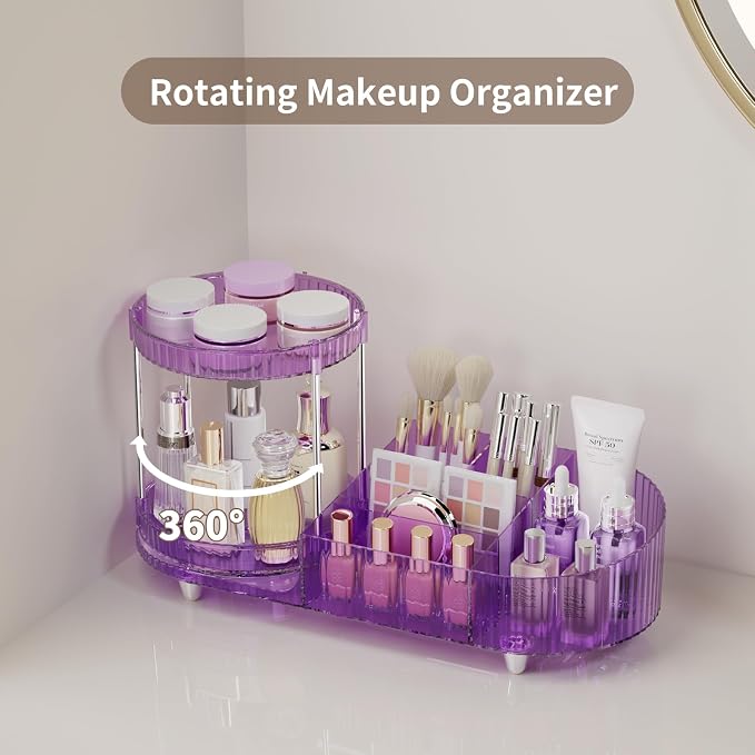 360 Rotating Vanity Makeup Organizer, 2 Small Trays & 5 Compartments for Cosmetics, Skincare, Perfume, Lipstick & Make up Brushes Holder, Purple Countertop Organizers and Storage for Dresser, Bathroom