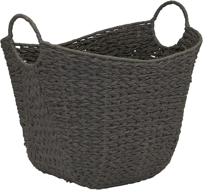 Household Essentials Handwoven Paper Rope Storage Basket with Metal Frame and Handles, Gray