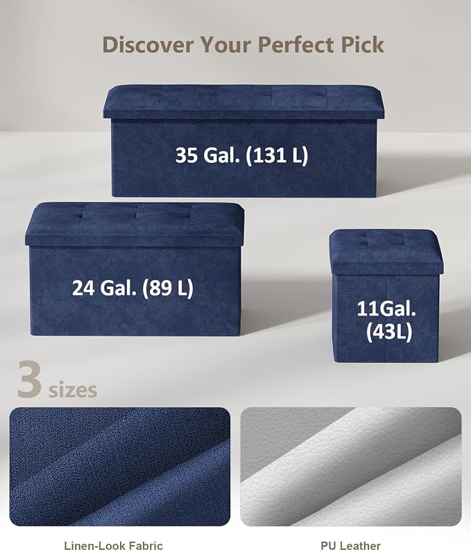 Folding Storage Ottoman Bench, Navy Blue, 43 Inches | Multi-Functional Ottoman Foot Rest, End of Bed Bench, Storage Chest, Living Room, Bedroom, Hallway, Entryway, 600 lb Capacity